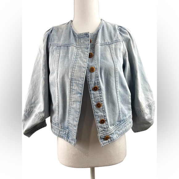 Ulla Johnson Light Wash Denim Cotton Jacket Collarless Puff Sleeve Boho Eclectic - Picture 7 of 9